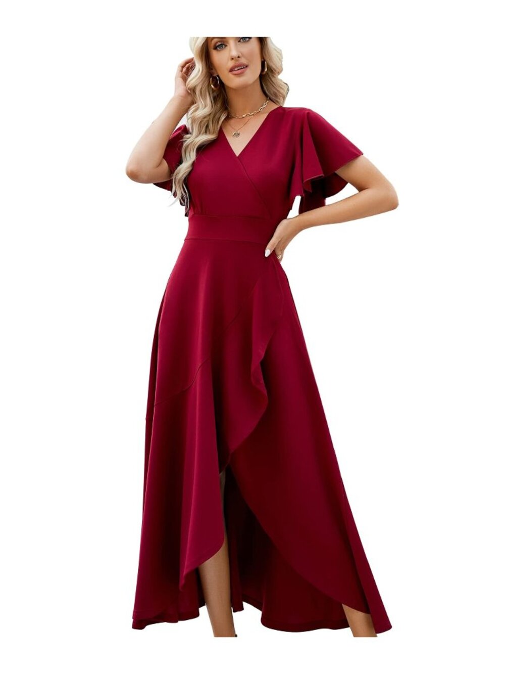 ZZV Formal Dress Gown Evening Party Cocktail Long Split Burgundy-Large